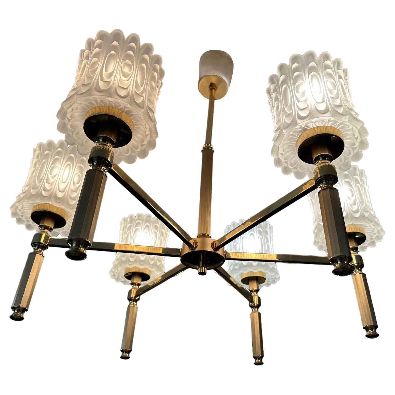 20th century French Brass and 6 Opaline Glass Chandelier, 1970s  For Sale