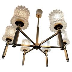 Retro 20th century French Brass and 6 Opaline Glass Chandelier, 1970s 