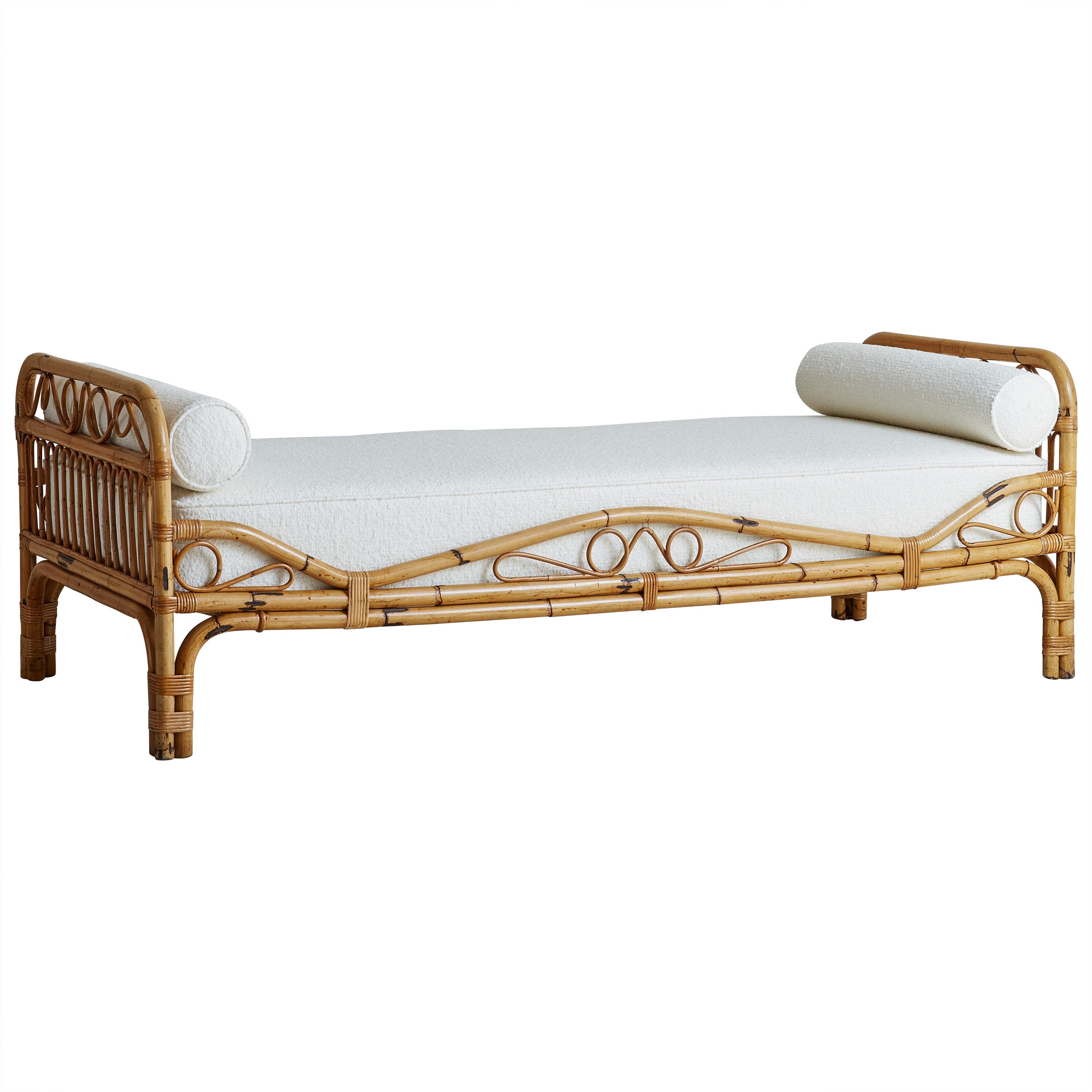 1960's Italian Bamboo Daybed in White Boucle (2 Available) 