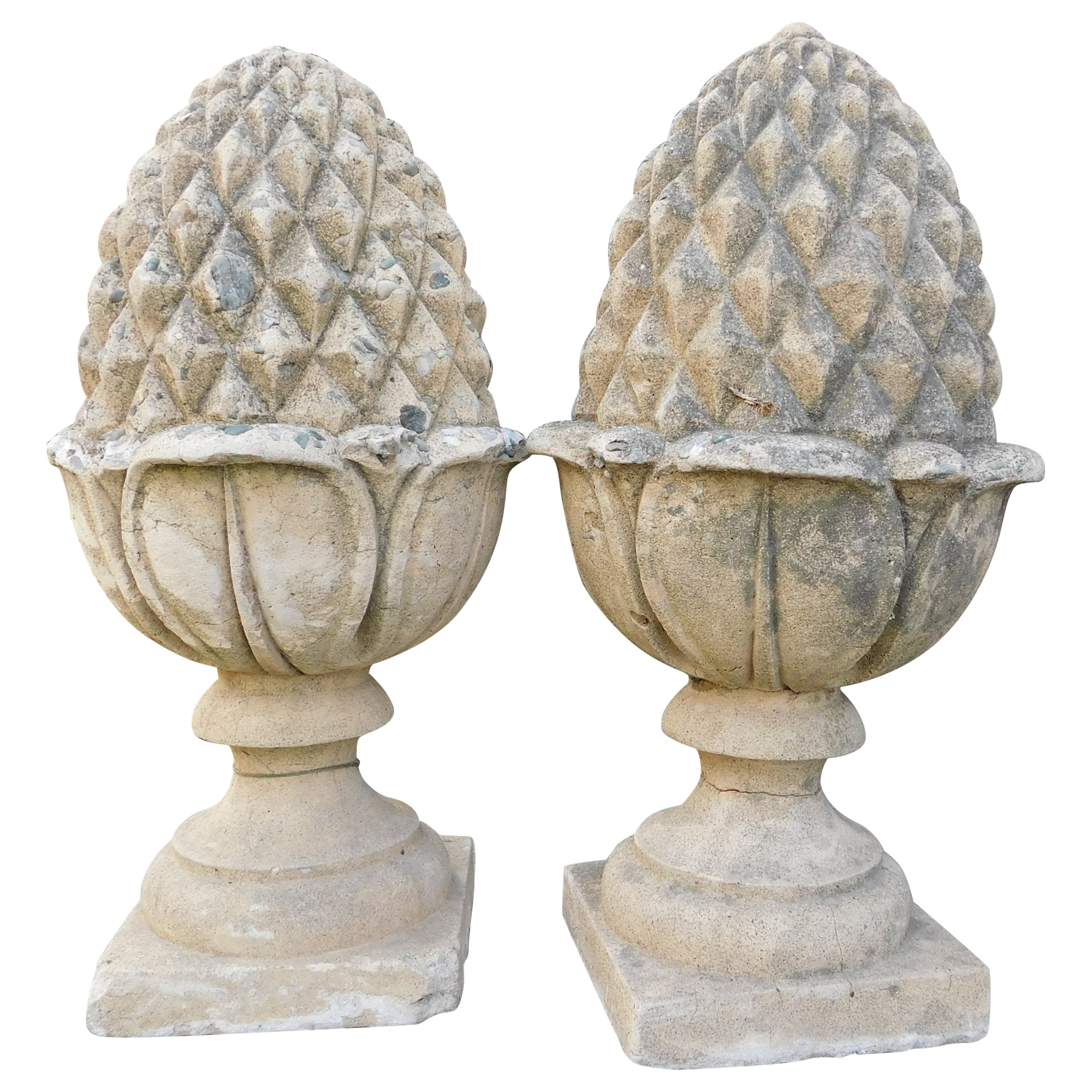 Pair of concrete pine cones, column or outdoor decoration, Italy For Sale