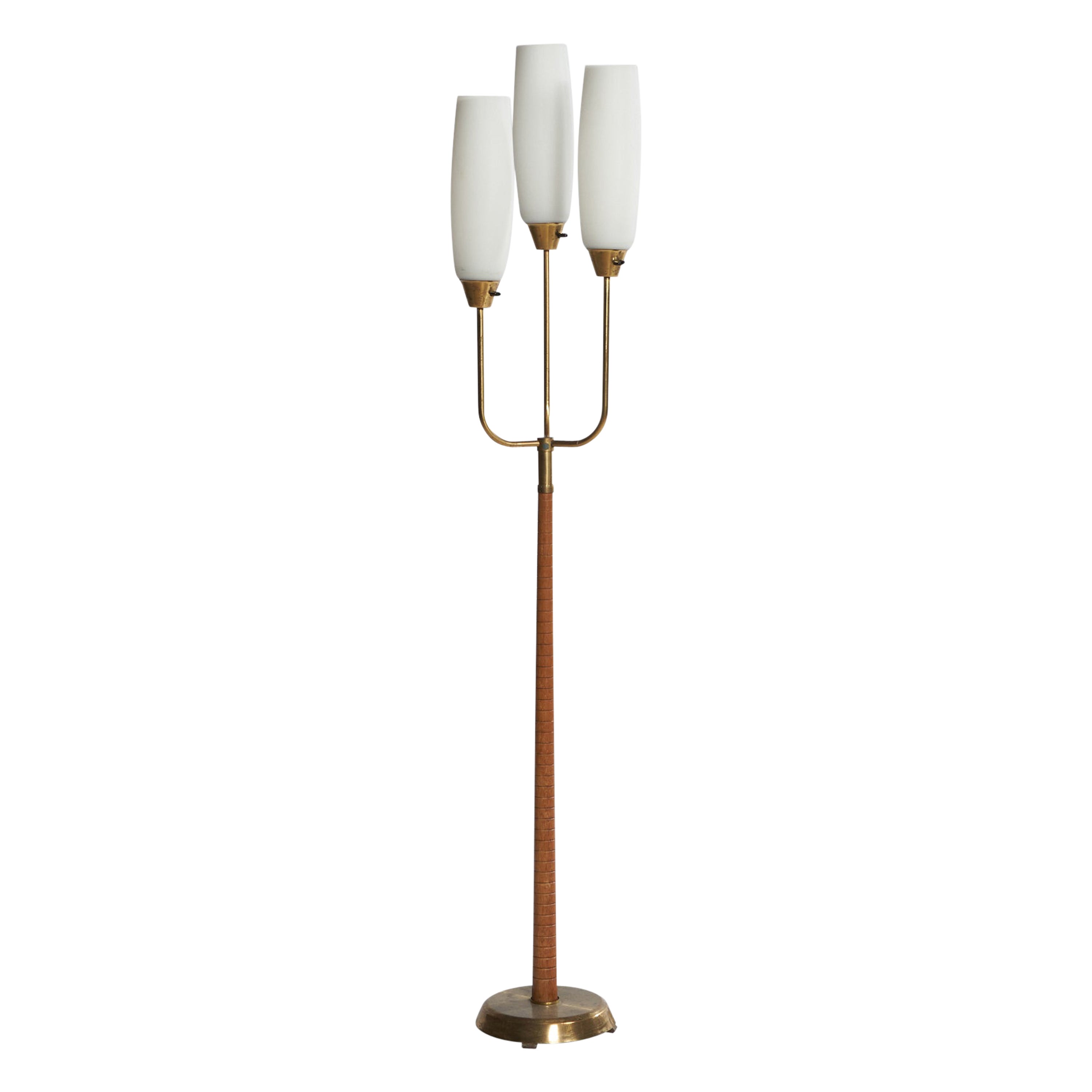 GEMI, Floor Lamp, Brass, Elm, Glass, Sweden, 1940s For Sale