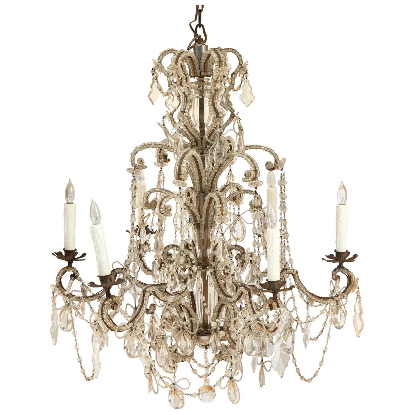 19th Century Italian Beaded Crystal Chandelier With Six Lights