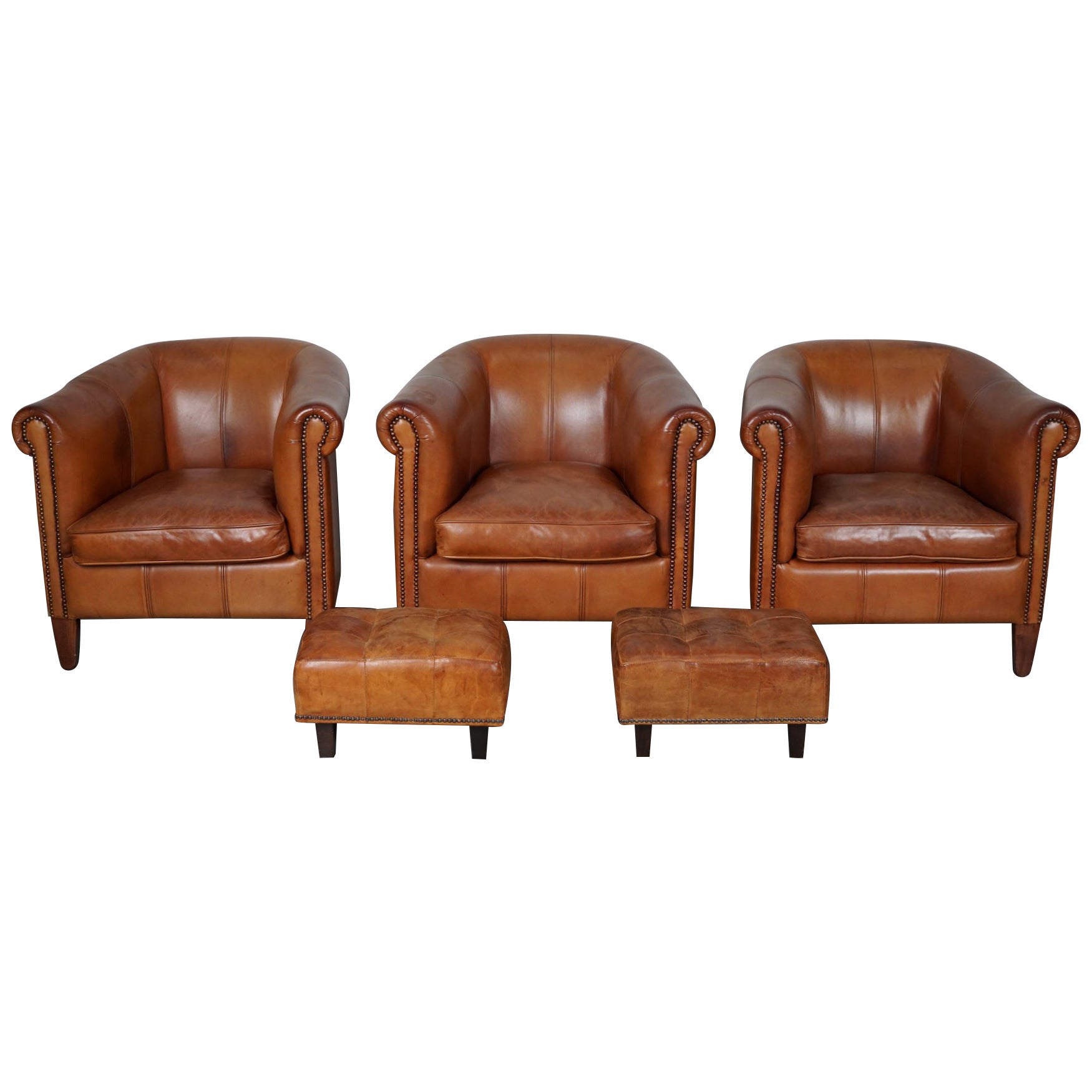  Vintage Dutch Cognac Leather Club Chairs, Set of Three with Two Footstools