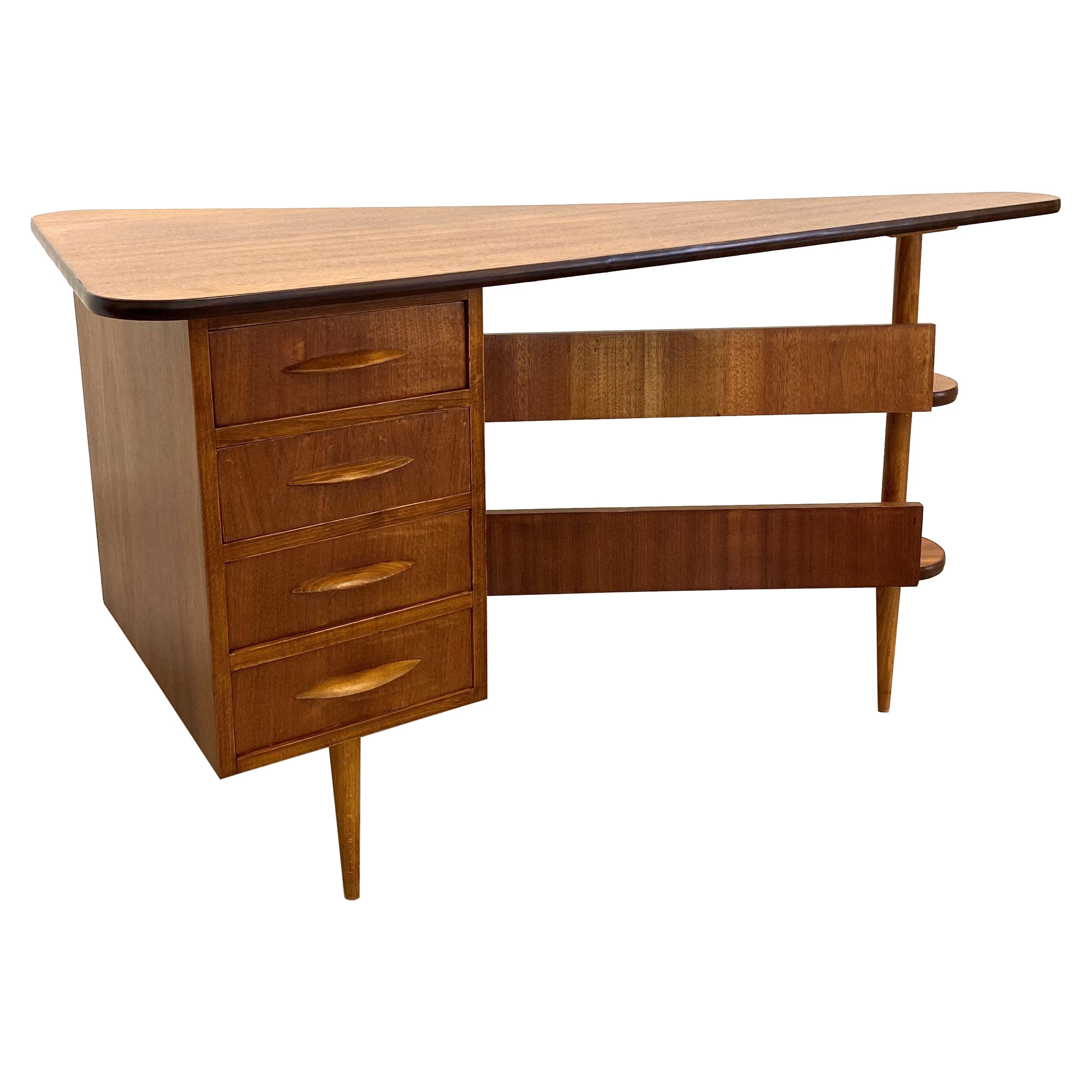 Mid-century triangular desk with drawers For Sale