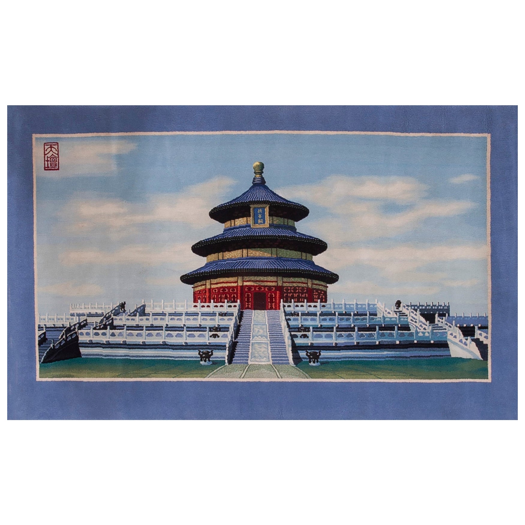 Antique Vintage 1980s Chinese Scenic Carpet - Temple of Heaven For Sale