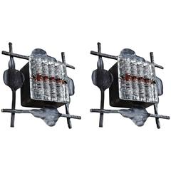 Set of Brutalist Glass and Wrought Iron Lights by Tom Ahlström and Hans Ehrich 6