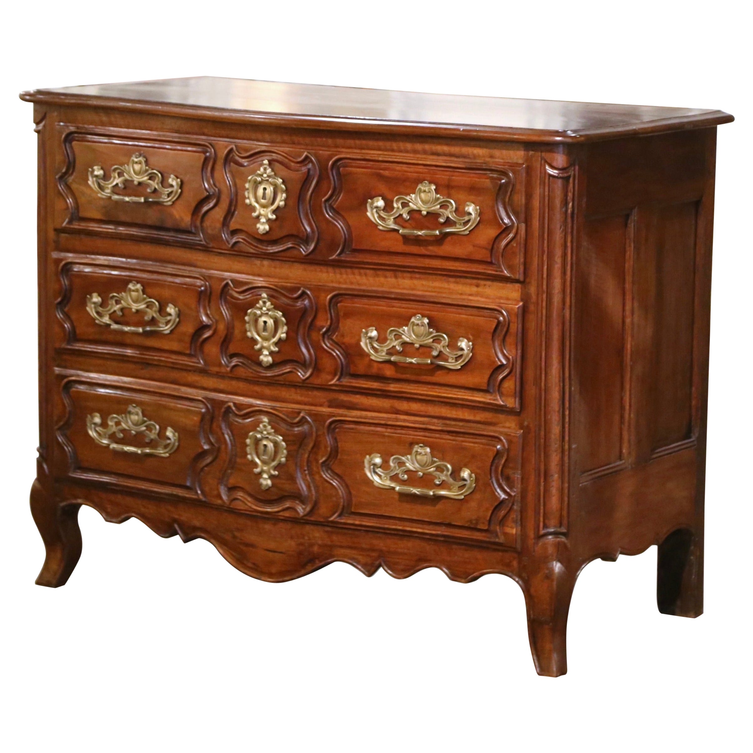 18th Century French Louis XV Carved Walnut Three-Drawer Commode Chest from Lyon For Sale