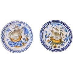 Vintage Italian Majolica Ship Wall Plates, a Pair