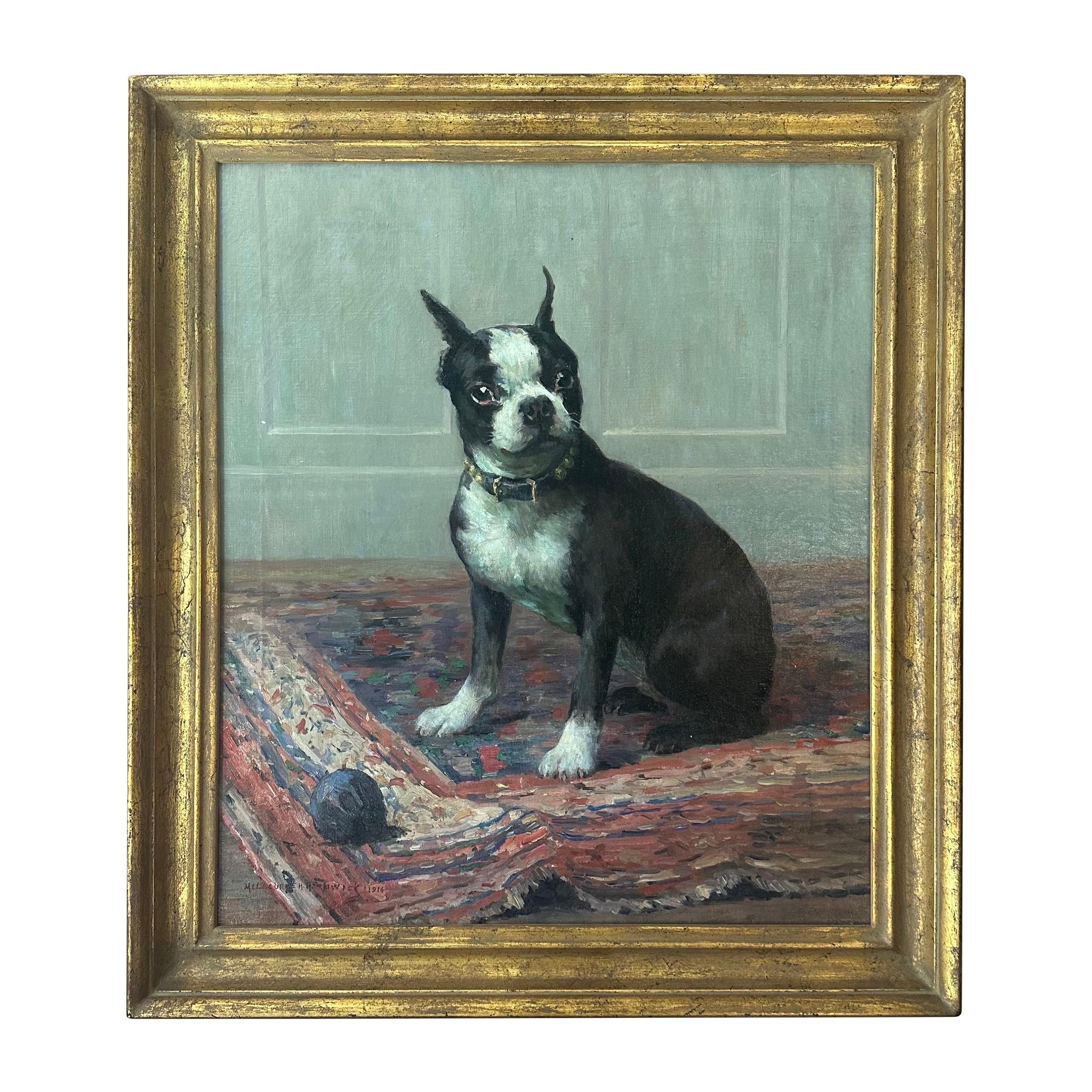 1916 Melbourne Hardwick Ölgemälde Porträt eines Boston Terrier Hundes  im Angebot