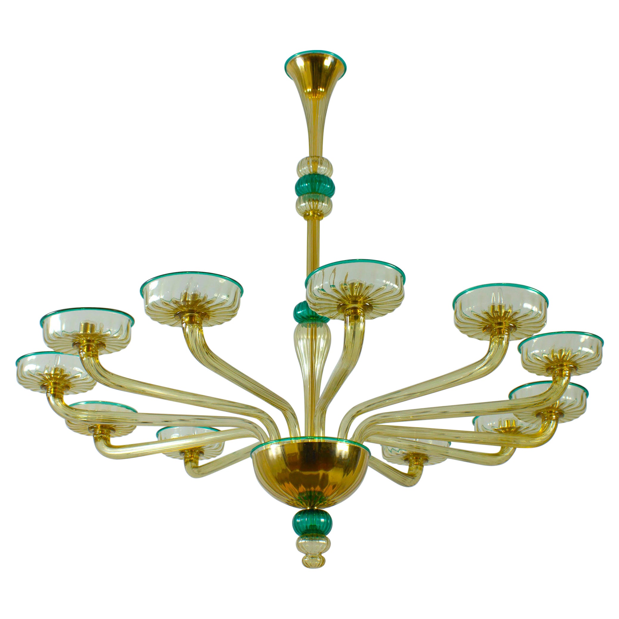 Chandelier Amber and Emerald Hand Blown Glass, attributed to Venini, circa 1970s For Sale