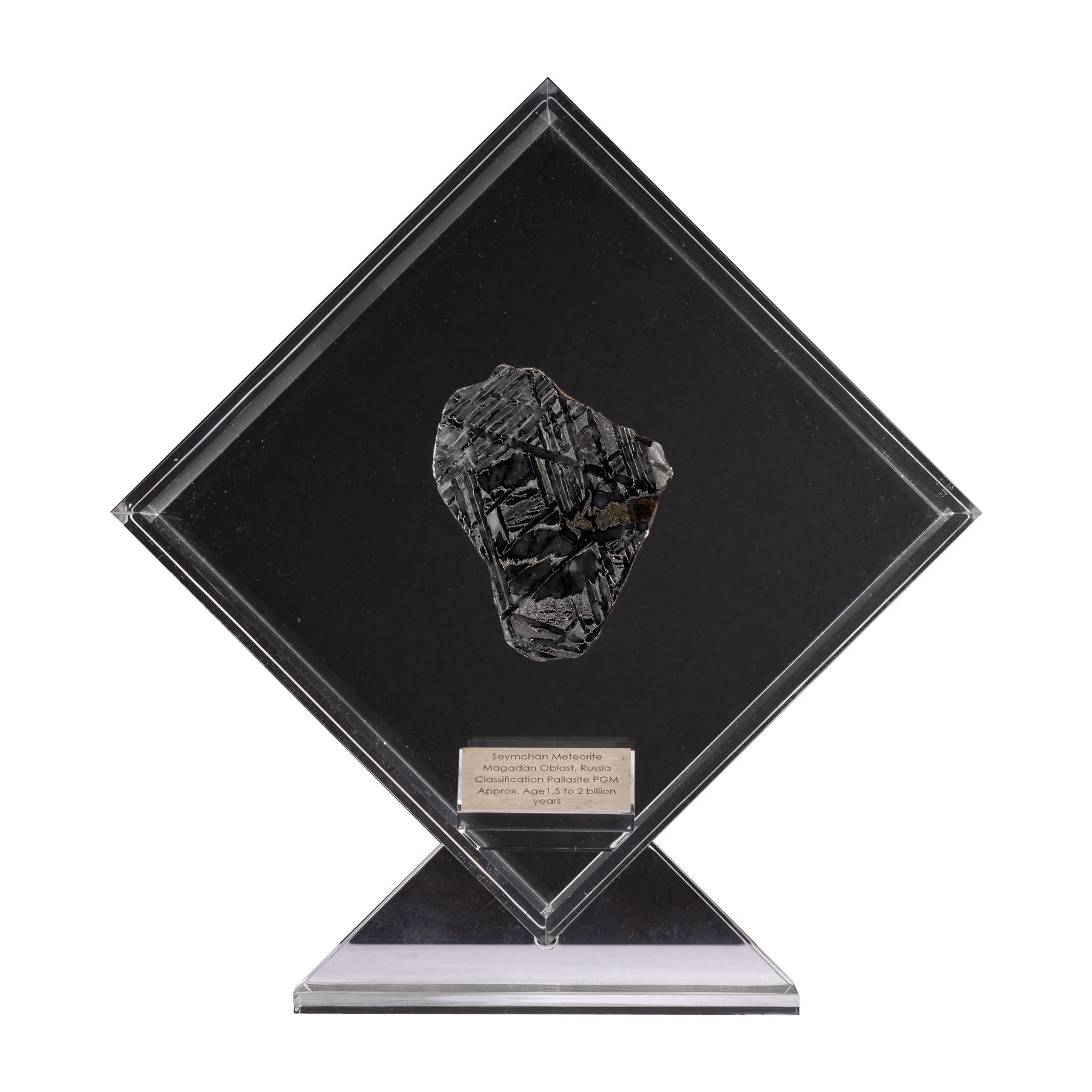 Design originale, Seymchan con Meteorite di Olivina in un espositore in acrilico trasparente