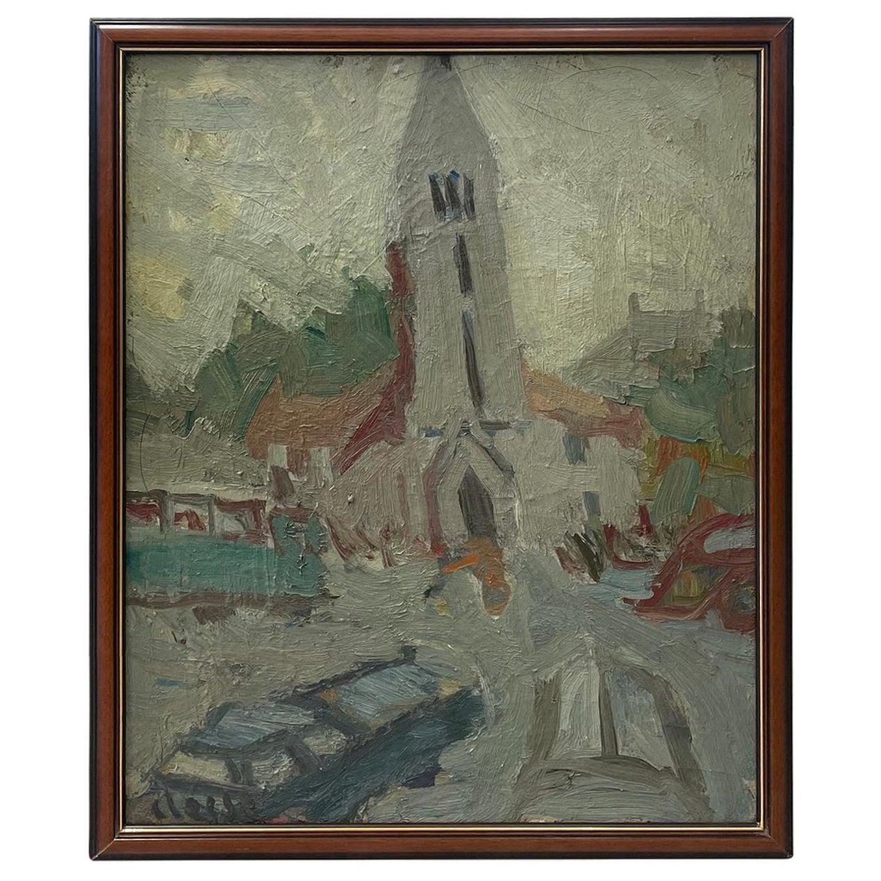 20th Century Grey French Petite Église Oil Painting of a Church by Daniel Clesse For Sale