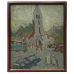 Retro 20th Century Grey French Petite Église Oil Painting of a Church by Daniel Clesse