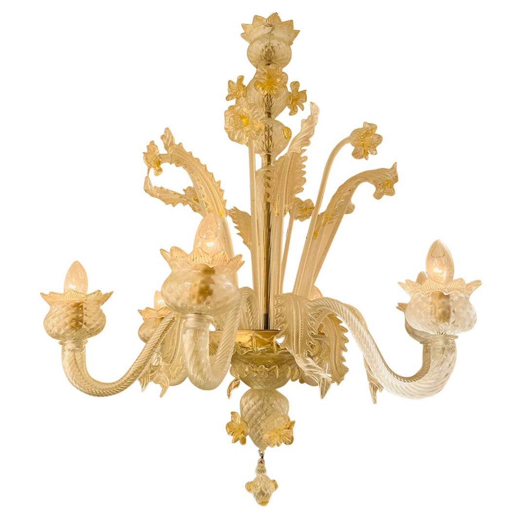 Murano Glas Gino Donna Gold Kronleuchter mit 6 Lights und Blumen um 1940.