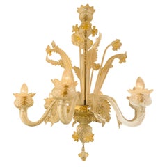 Lustre en verre de Murano Gino Donna doré avec 6 Lights et fleurs circa 1940.