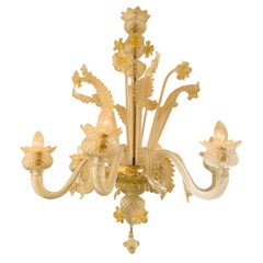 Murano Glas Gino Donna Gold Kronleuchter mit 6 Lights und Blumen um 1940.