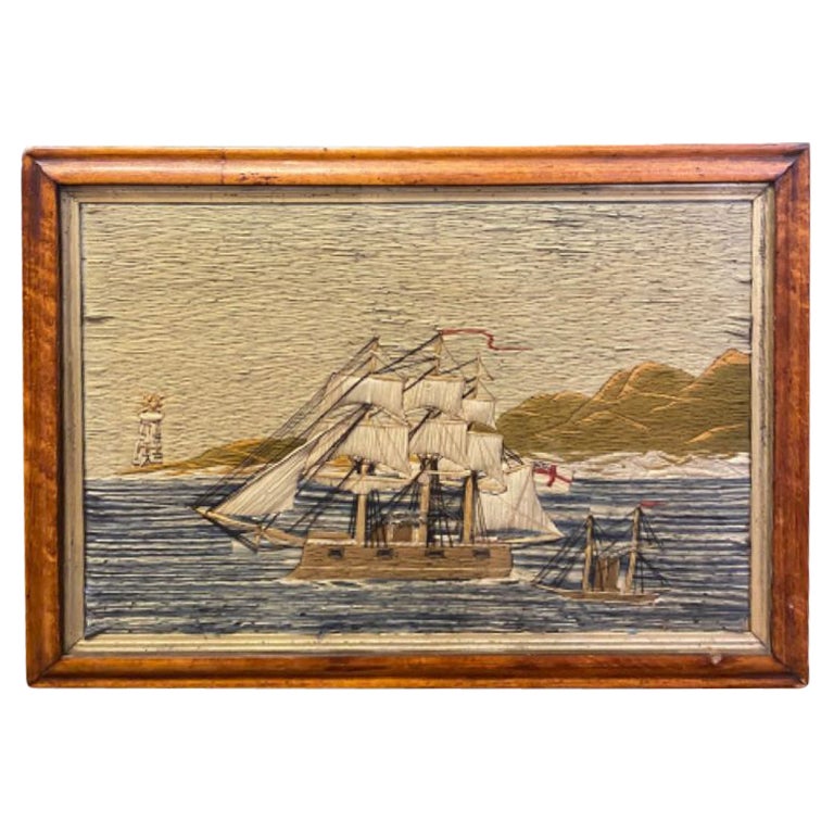 19th Century Sailor's Woolie with an Auxiliary Ship and Schooner, circa 1880 For Sale