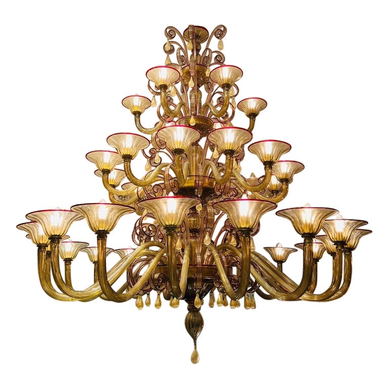 Large Murano glass chandelier Venini amber and rubi circa 1930 For Sale