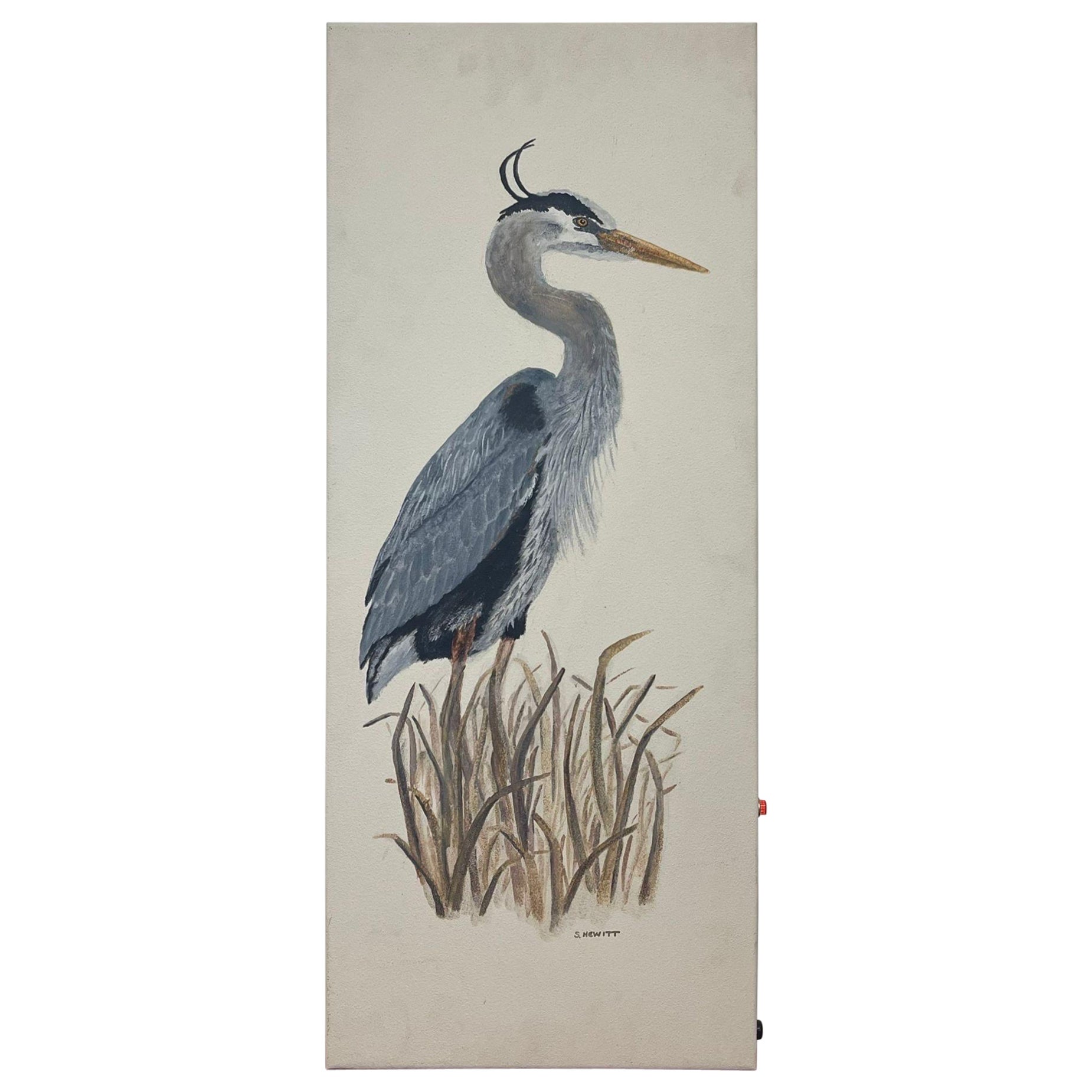 Vintage Heron Painting on a Radiator Canvas For Sale