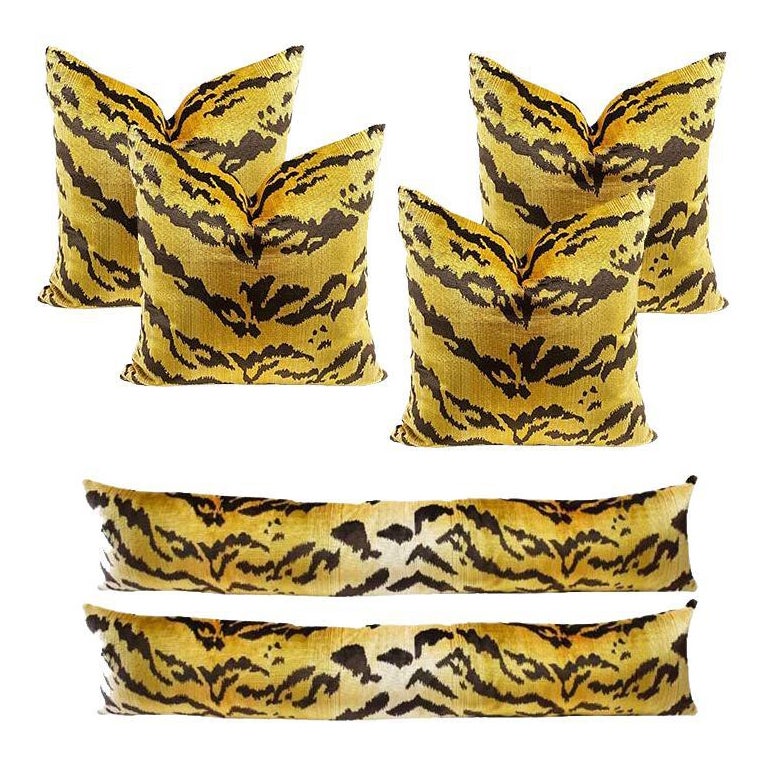 Set of Six Velvet Le Tigre Down Fill Pillows in Various Shapes For Sale