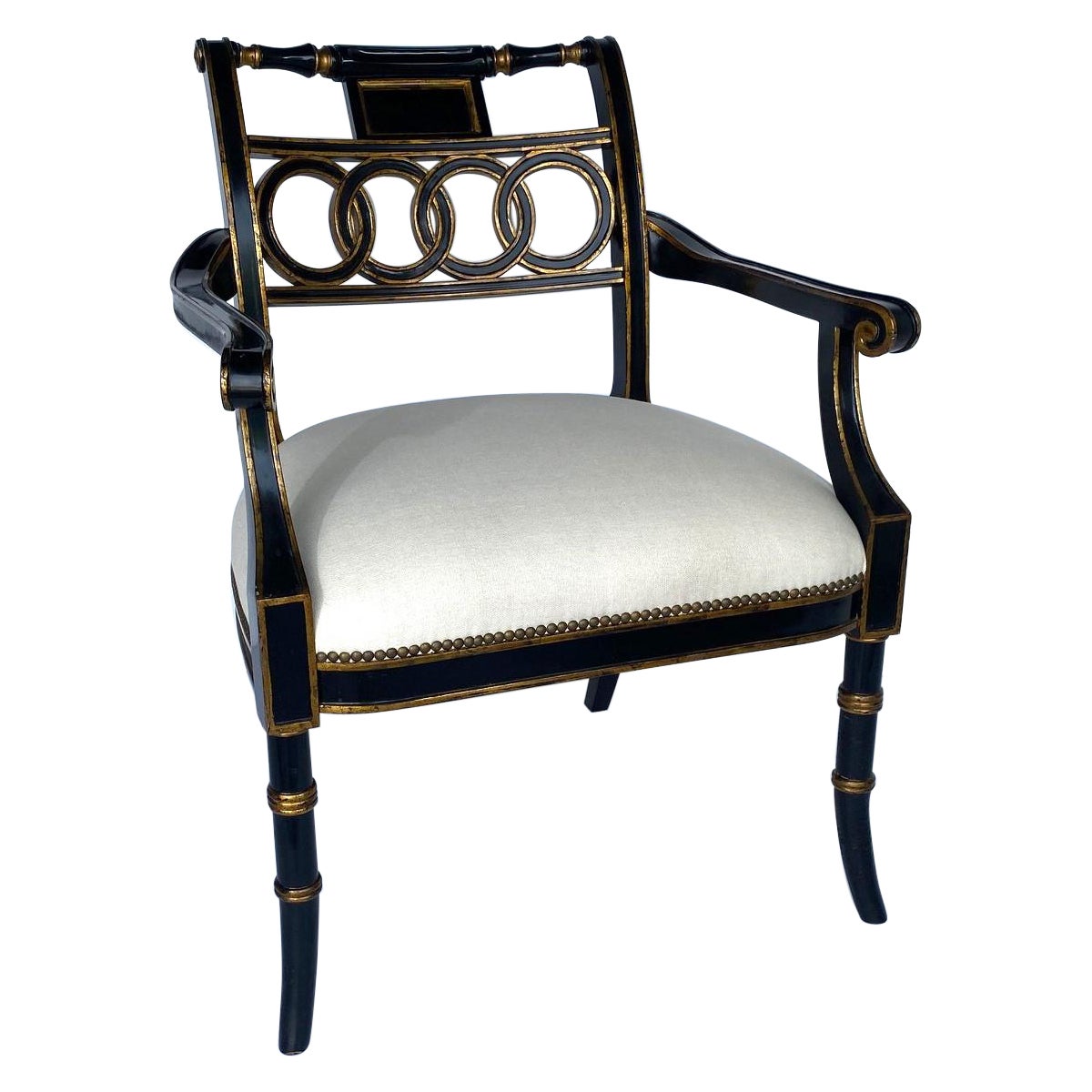 Maitland Smith Ebonized and Gold Gilt Regency Style Armchair For Sale