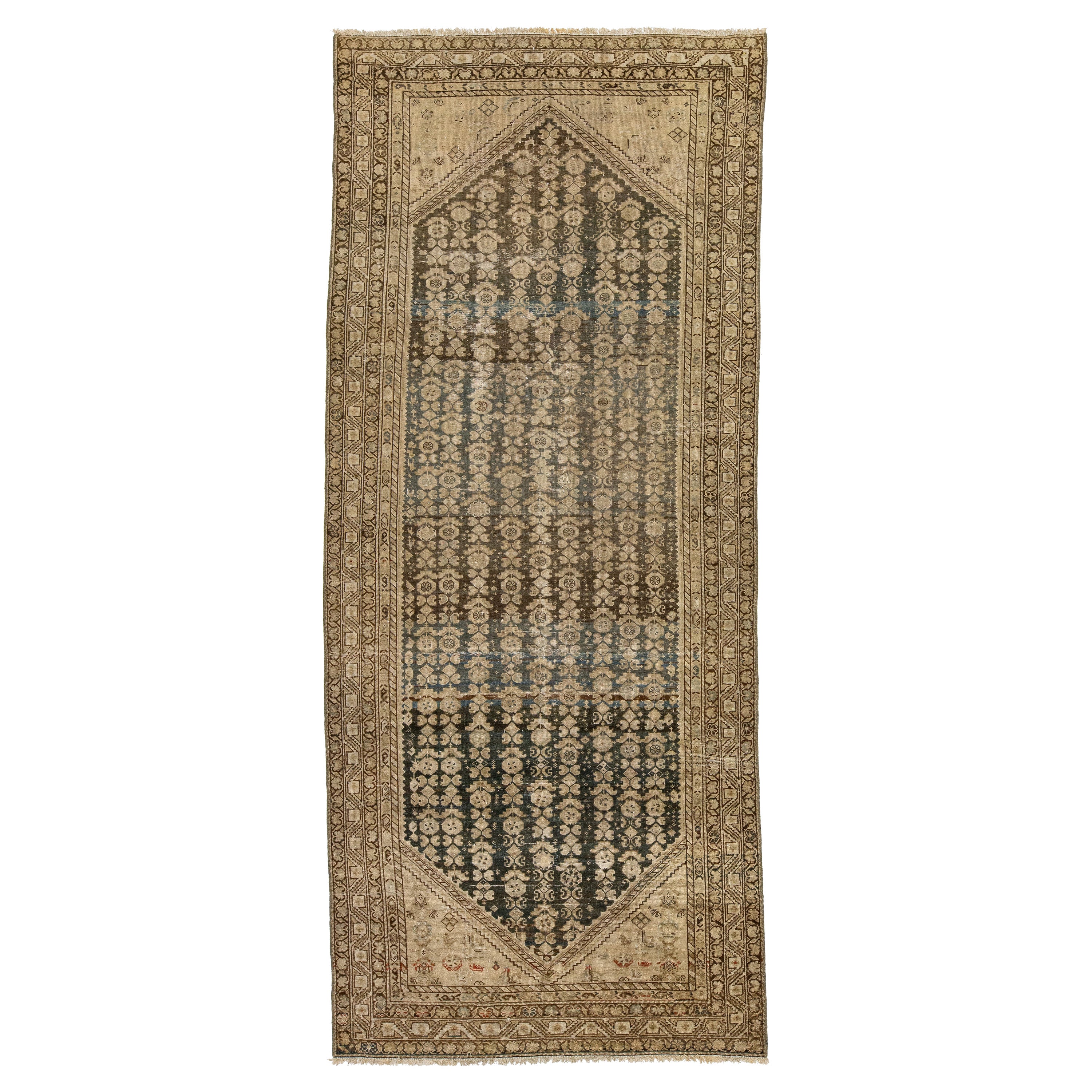 Antique Brown Persian Malayer Wool Rug From the 1900s with Allover Motif