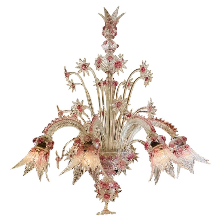 Cenedese Murano glass chandelier pink with flowers circa 1940 For Sale
