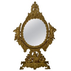 French Victorian Gilt Bronze Vanity Oval Table Mirror with Cherubs 