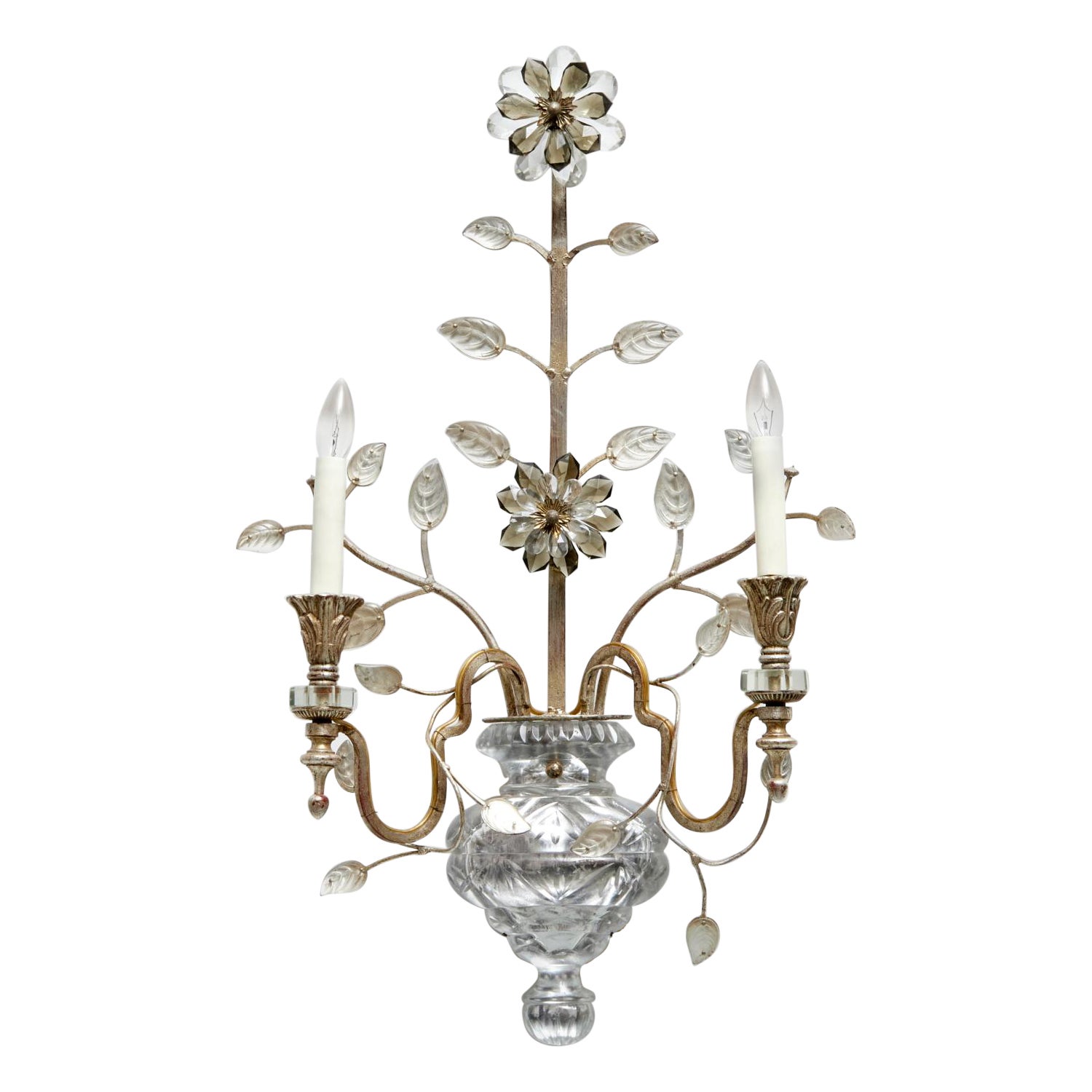 Vintage Maison Baguès Style Silvered Iron & Crystal Wall Sconce of Floral Design For Sale