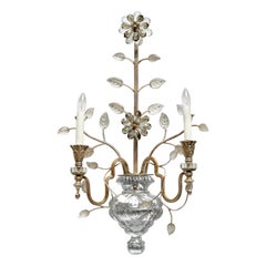 Retro Maison Baguès Style Silvered Iron & Crystal Wall Sconce of Floral Design