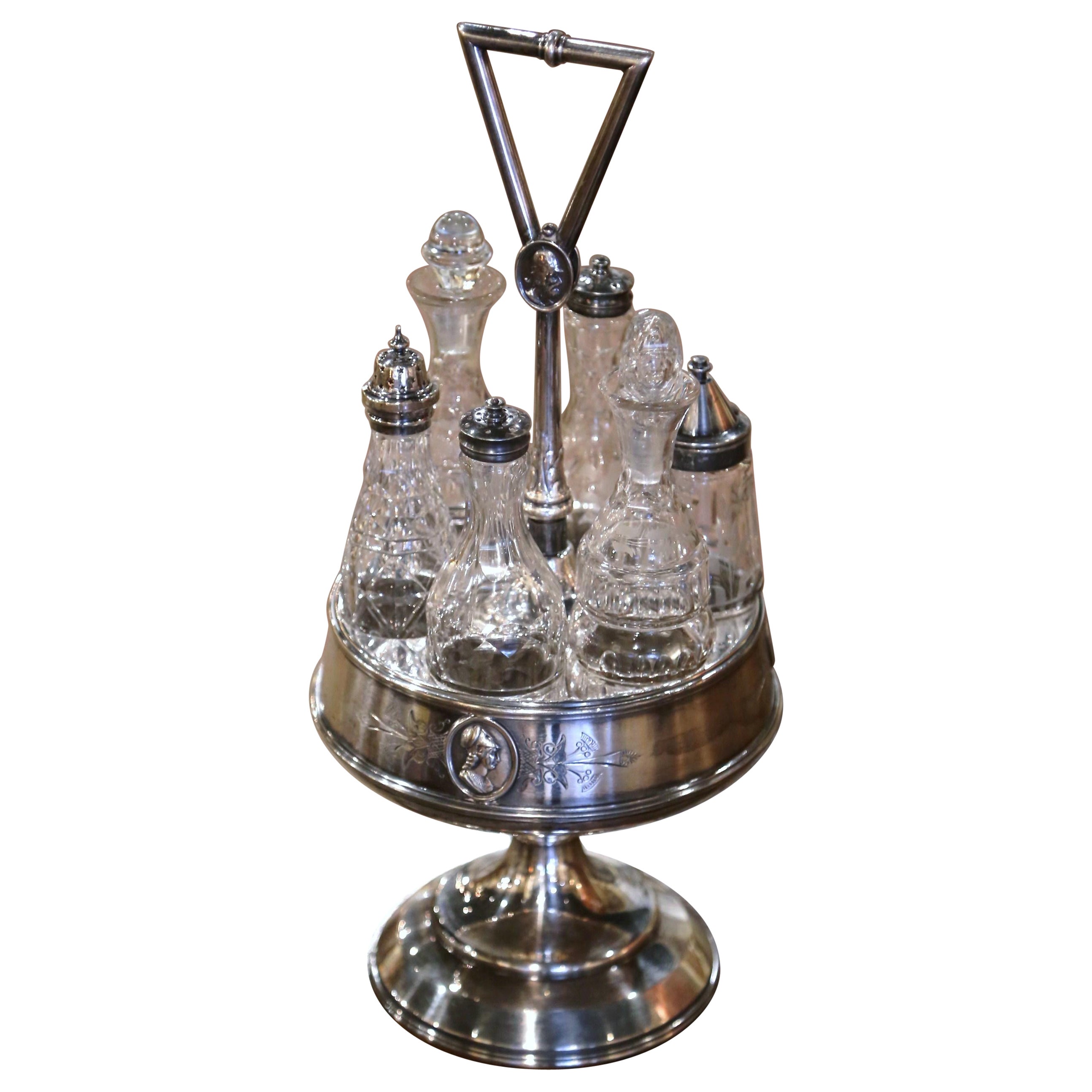 19th Century English Silver and Crystal Cruet Set Complete with Six Bottles