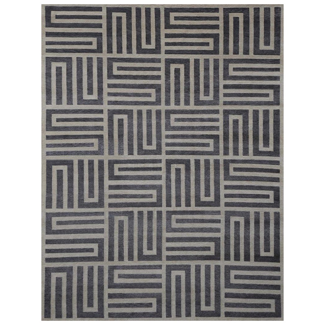 "Anesi - Charcoal & Beige" /  9' x 12' / Hand-Knotted Wool Rug For Sale