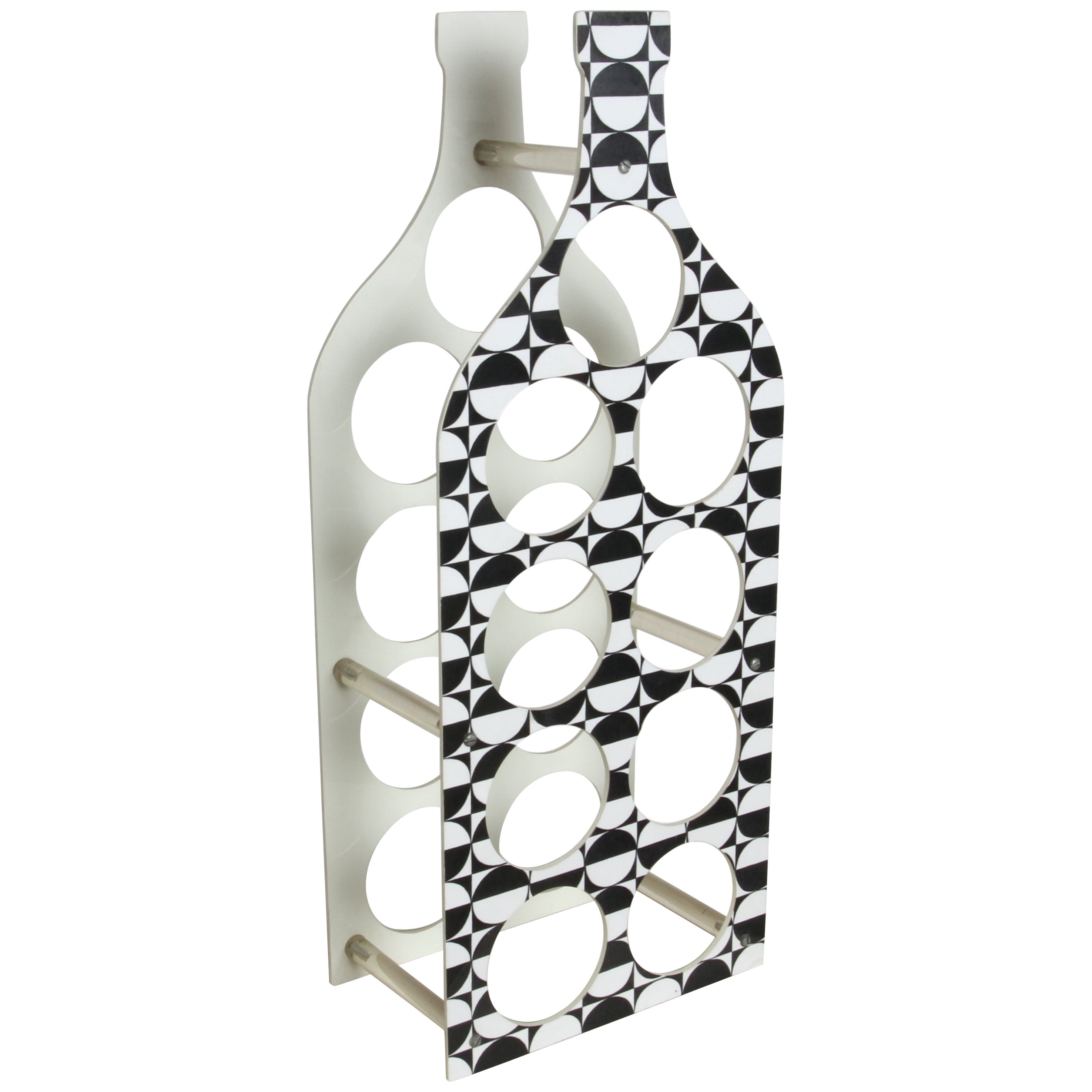 Mid-Century Modern Schwarz-Weiß Op-Art Kunststoffflaschenhalter in Form von 9 Weinflaschen im Angebot