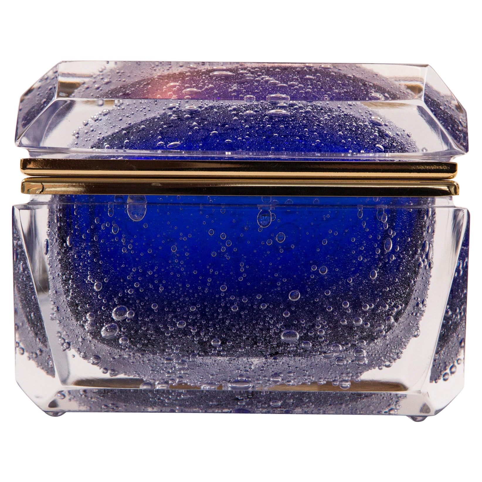 Murano Cobalt Blue Pulegoso Chamfered Rectangular Glass Box For Sale