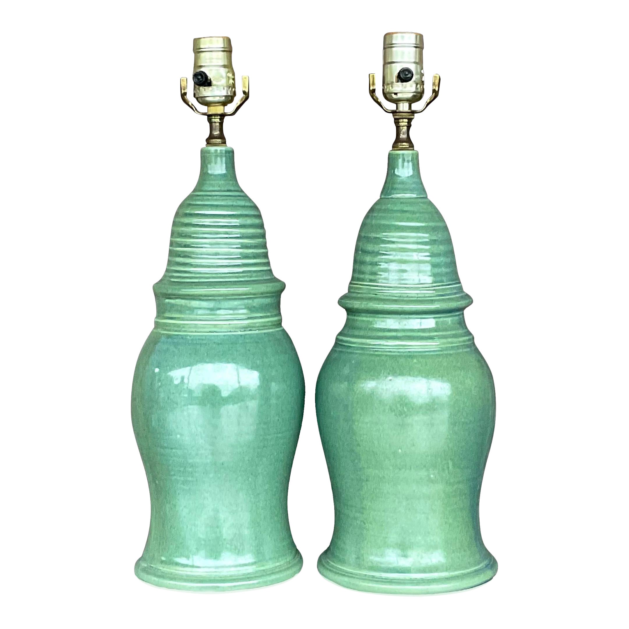 Vintage Boho Glazed Ceramic Table Lamps - a Pair For Sale