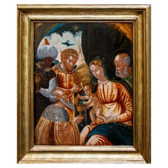 Vintage Dipinto su tavola raffigurante Adorazione dei Magi Veneto Cretese 16th century