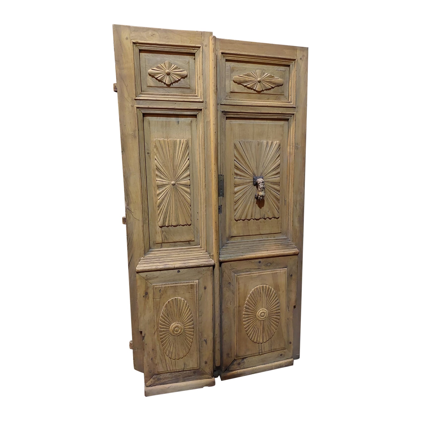 Old Double entrance door in poplar wood, carved with knocker, Italy For Sale