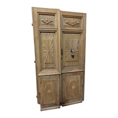 Antique Old Double entrance door in poplar wood, carved with knocker, Italy