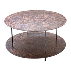 Round coffee table for living room, metal with screen-printed decoration, Line style