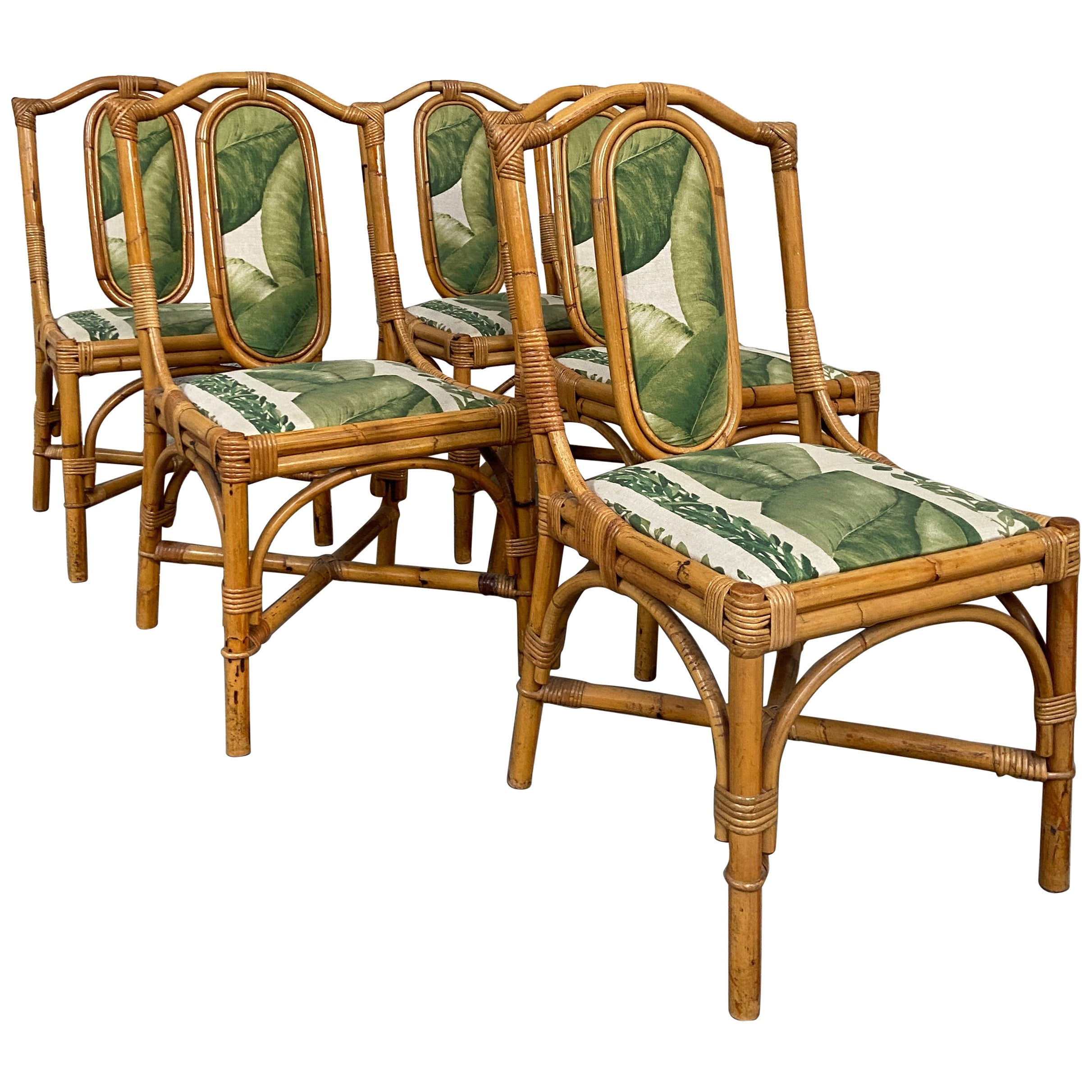 Mid-Century Modern Italian Set of 5 Bamboo Dining Chairs. 1970s For Sale