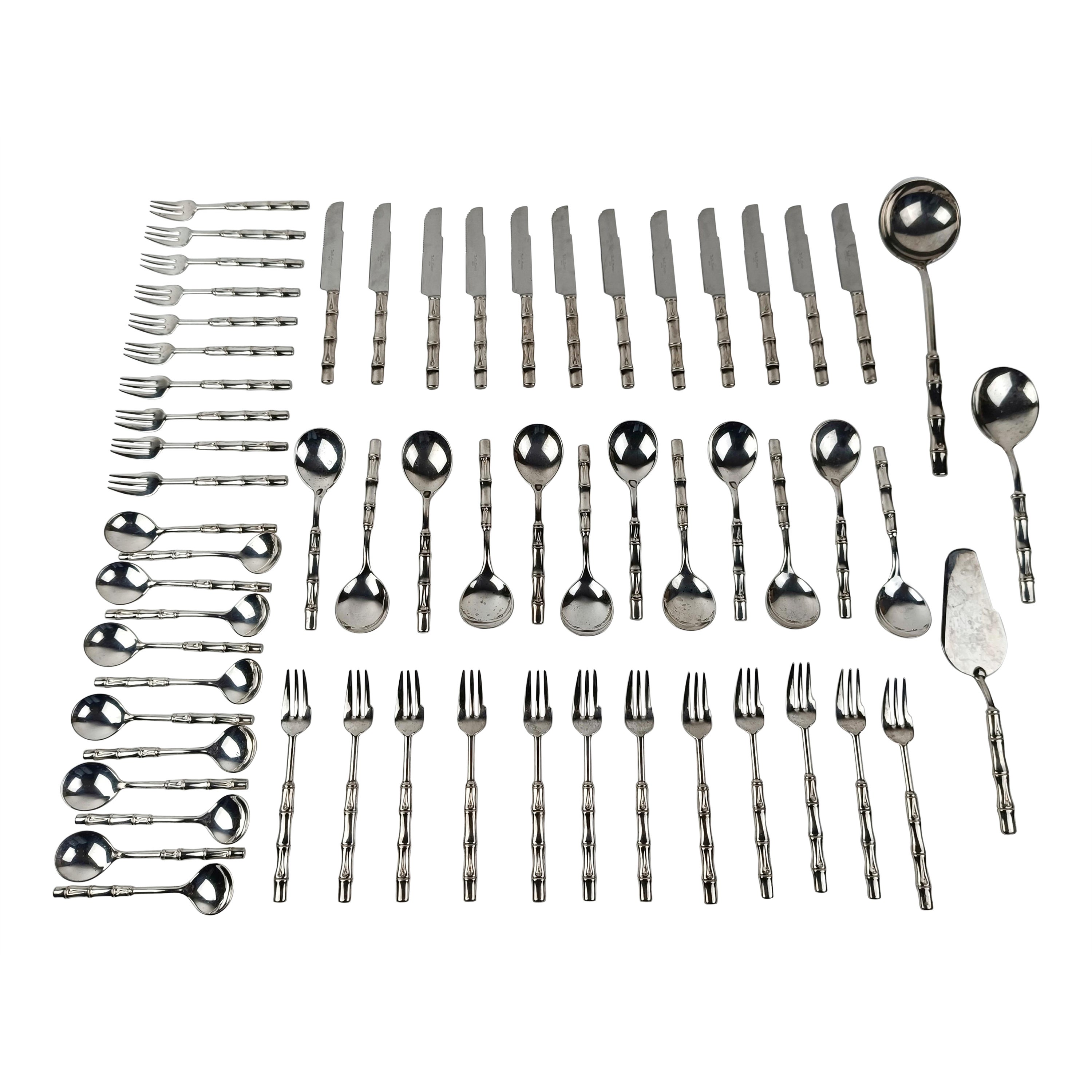 Vintage Flatware Set for 10 made in Silve Plated Faux Bamboo, Italy