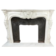  French Antique Front Shell Fireplace White Marble Cast Iron Insert