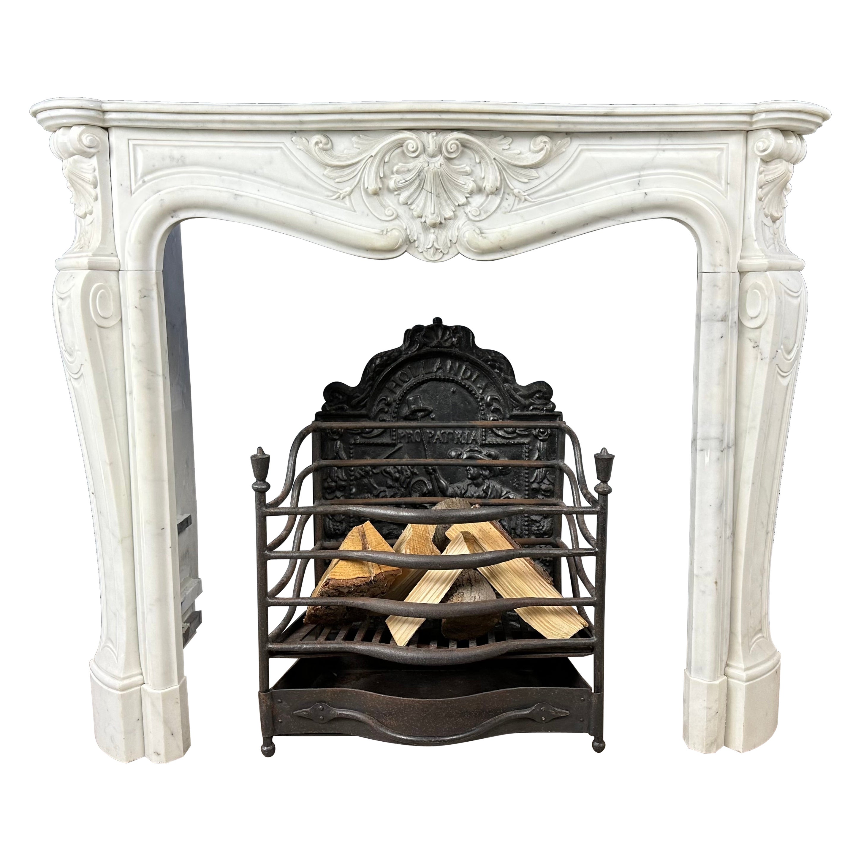 Gorgeous French Antique Front Shell Fireplace White Carrara Marble For Sale