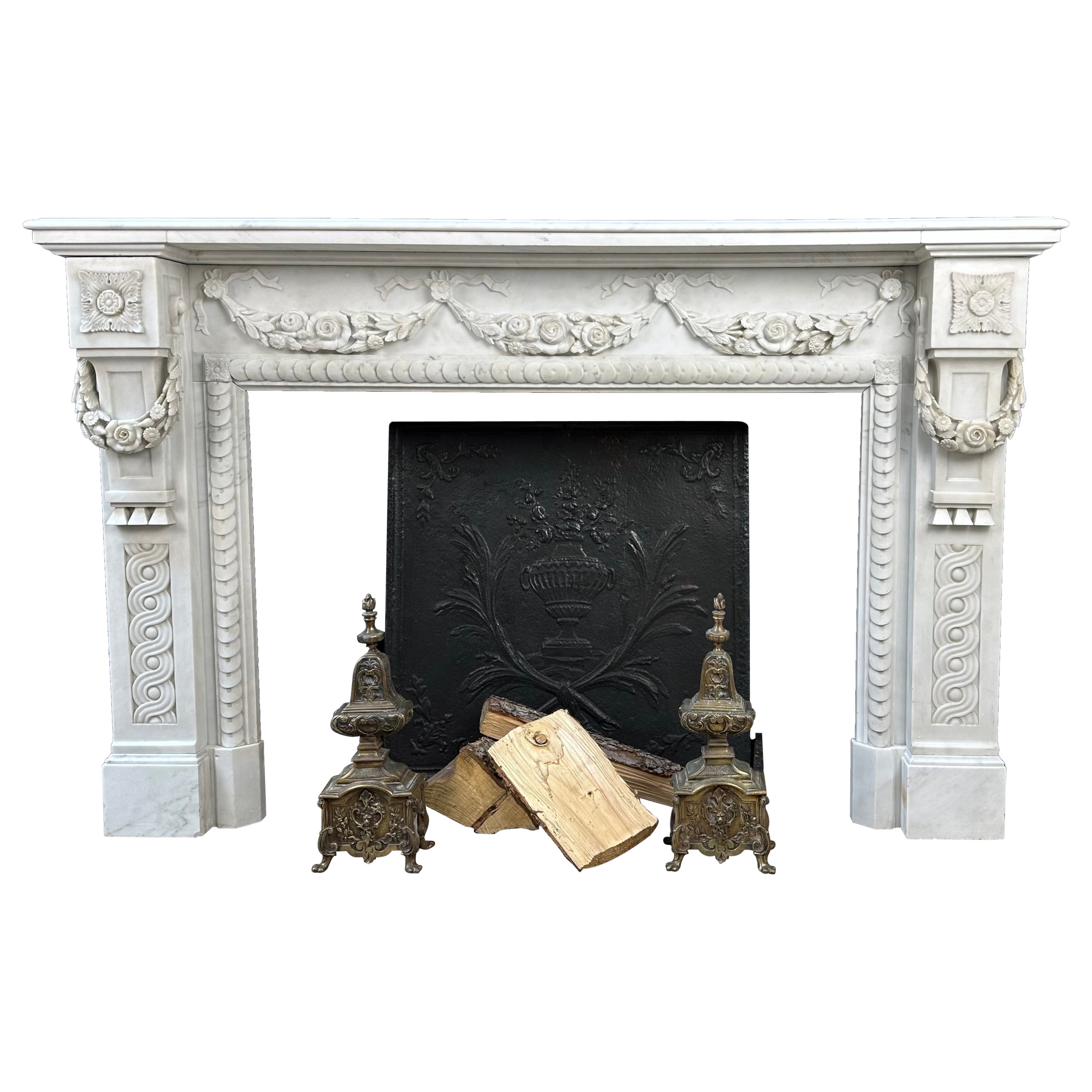 Carrara Marble Antique Front Fireplace Garland For Sale