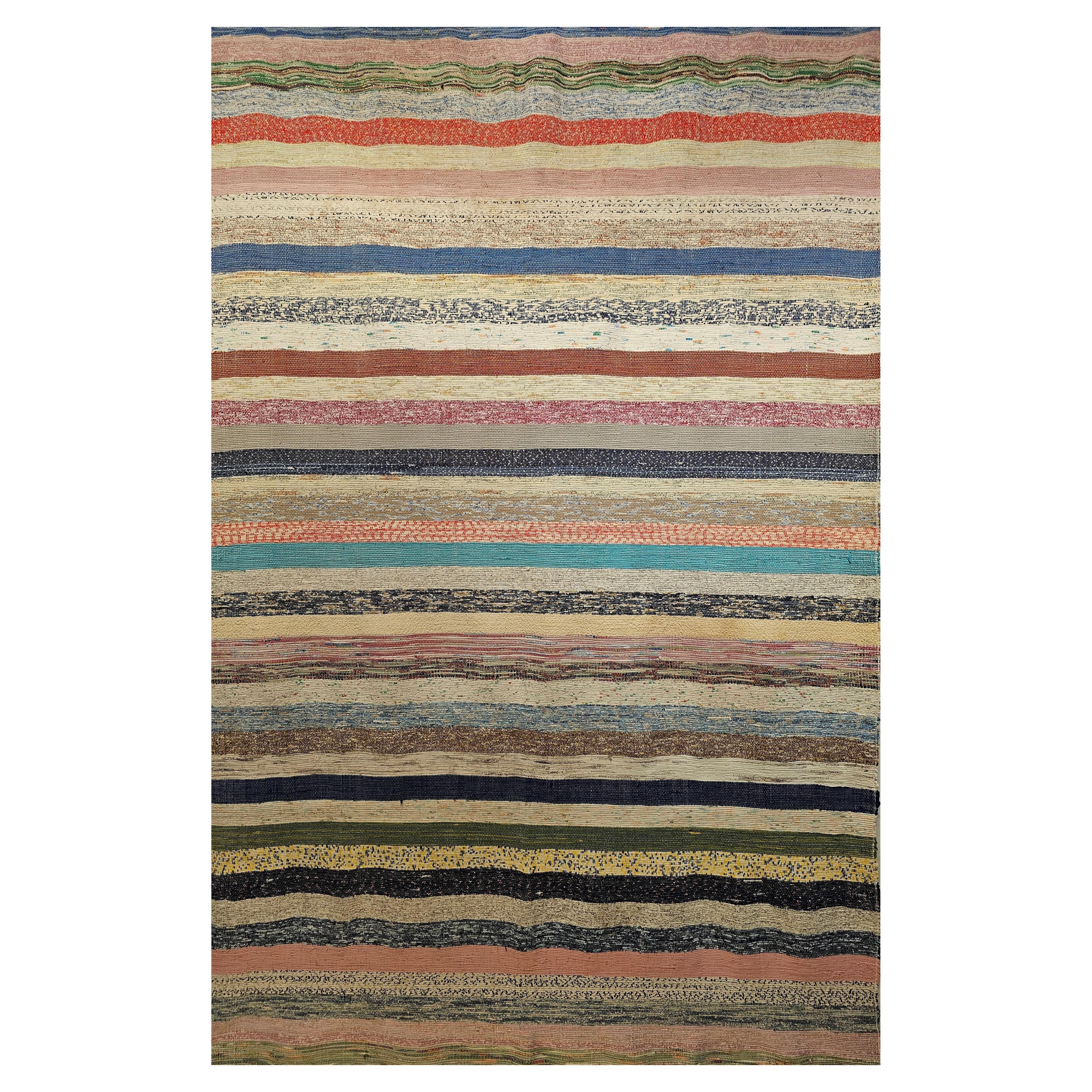 Vintage American Rag Rug in Stripe Pattern in Ivory, Blue, Pink, Green, Red  For Sale