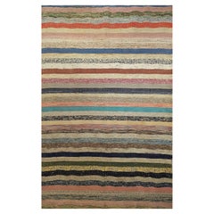 Vintage American Rag Rug in Stripe Pattern in Ivory, Blue, Pink, Green, Red 