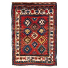 4.6x6.5 Ft Antiker kaukasischer Kazak-Teppich. circa 1860. Originaler, guter Originalzustand