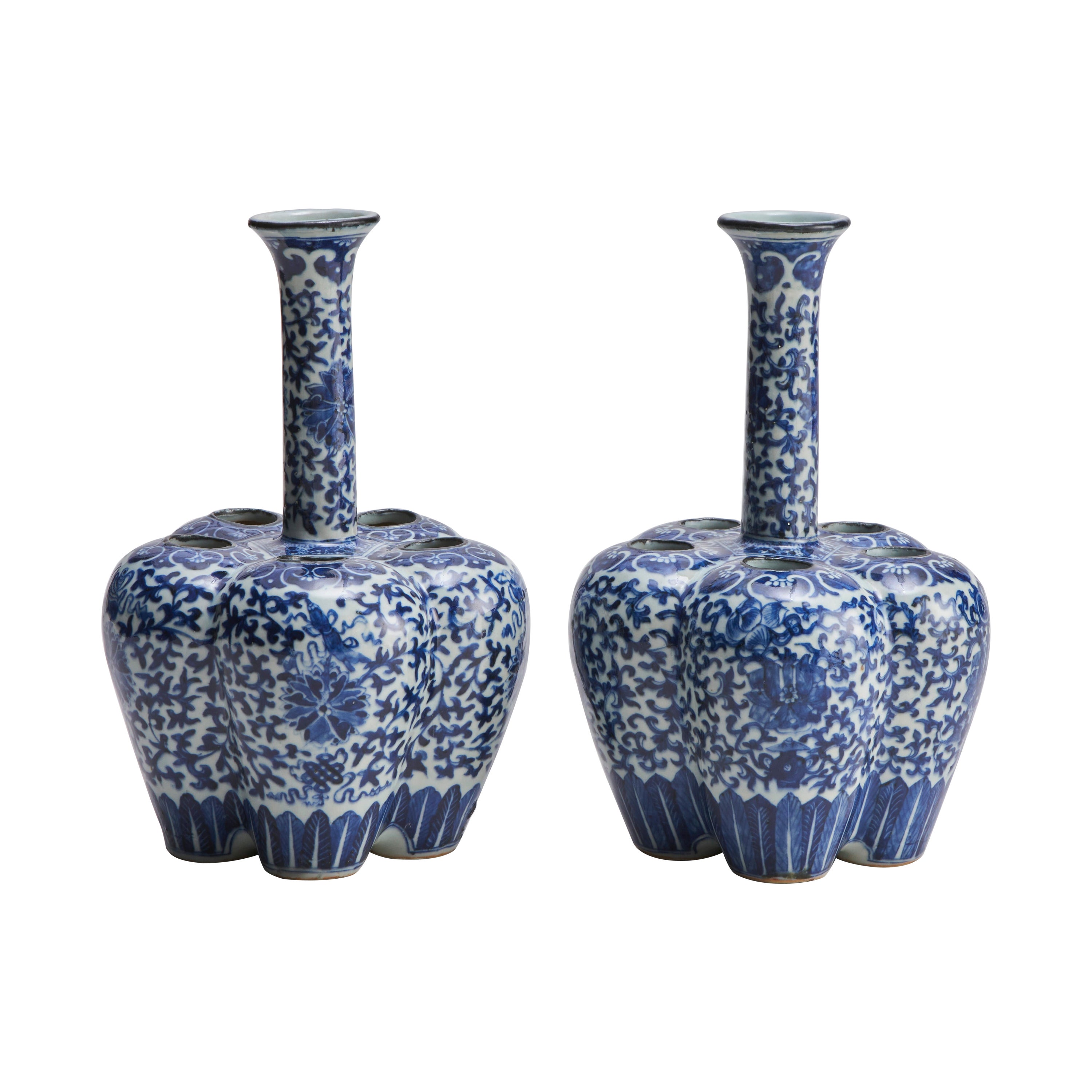An attractive pair of 19th Century Chinese blue and white crocus vases For Sale