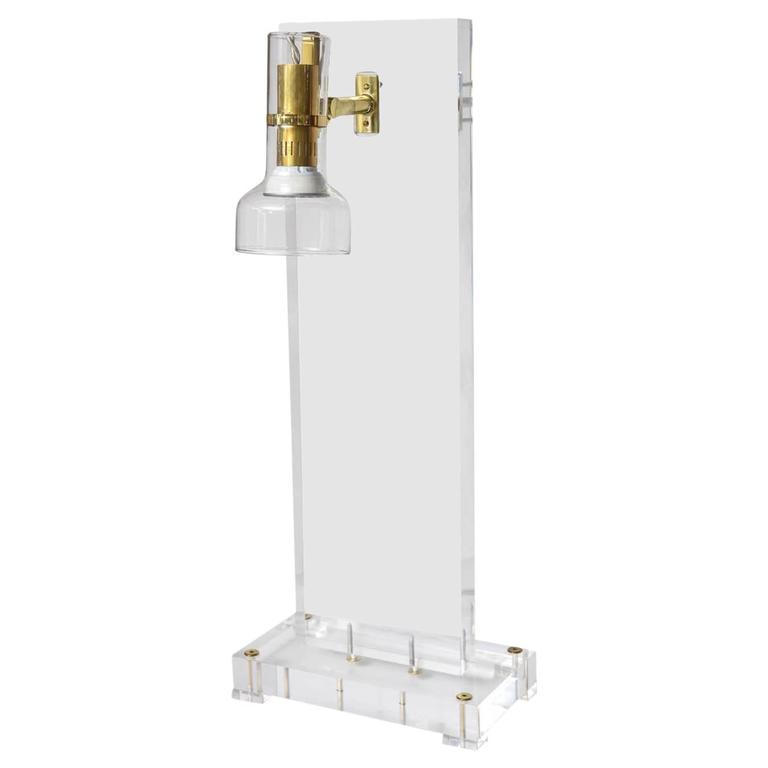 Unique Lucite Table Lamp with Articulating Glass Diffuser For Sale at
