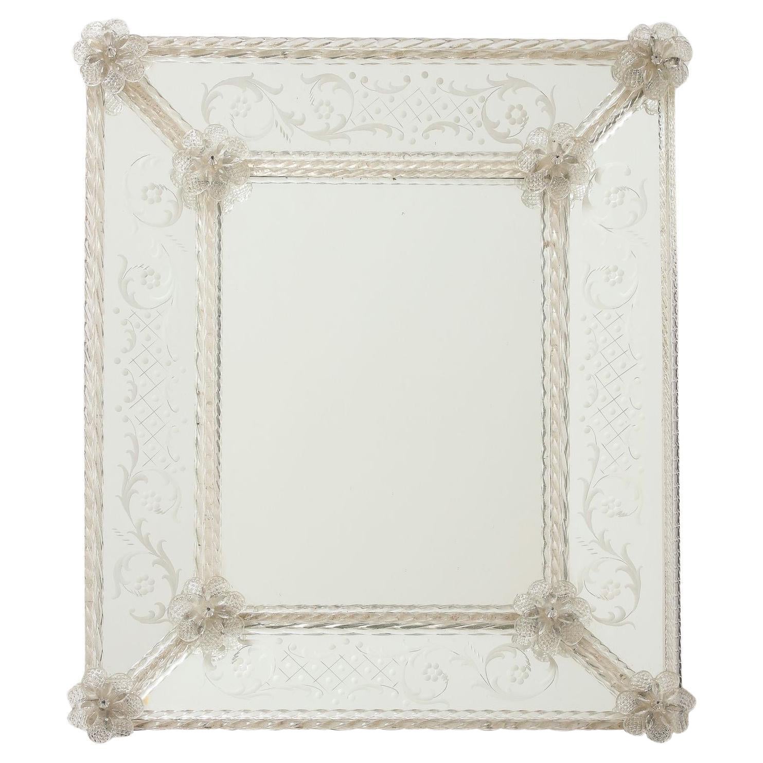 A wonderful Veronese French Mirror with Etching, Rope Twisted Frame and Floretes
